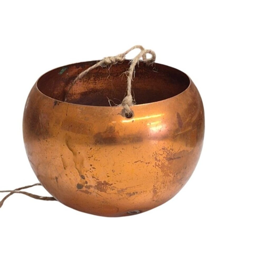 Vintage Copper Hanging Planter Rustic Farmhouse Decor Artisan Crafted Patina Bow - Picture 1 of 7